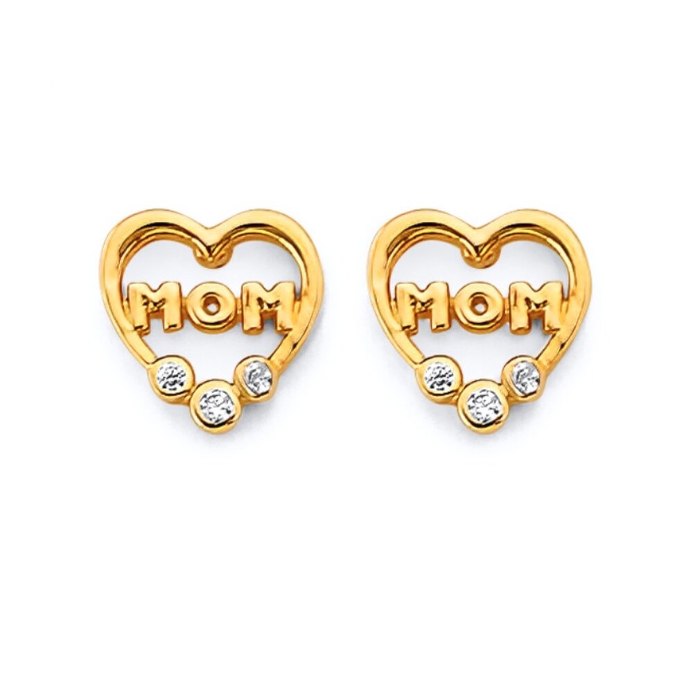 14KT Gold CZ Heart Mom Push Back Stud Earrings